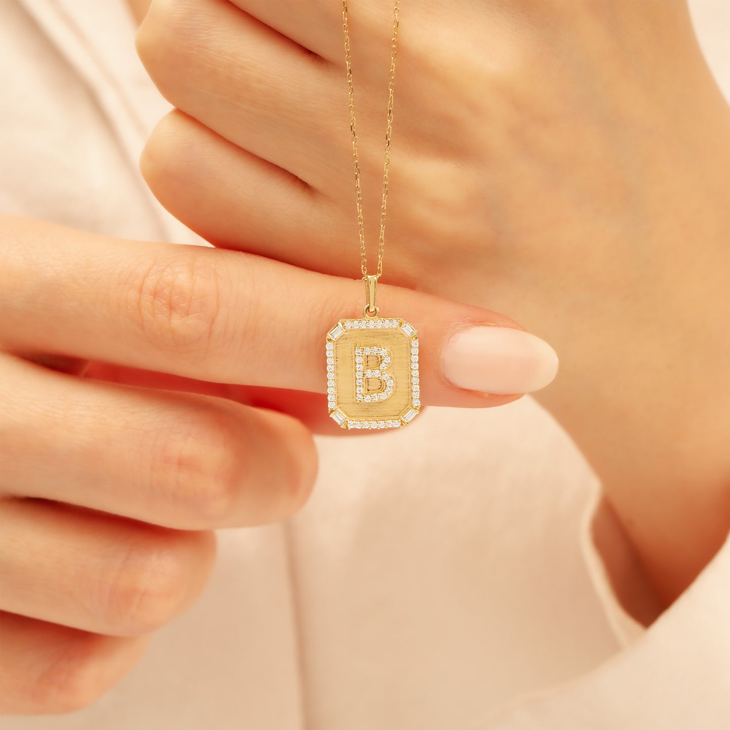 Gold Initial Pendant Necklace – 14K “B” Pavé CZ Frame