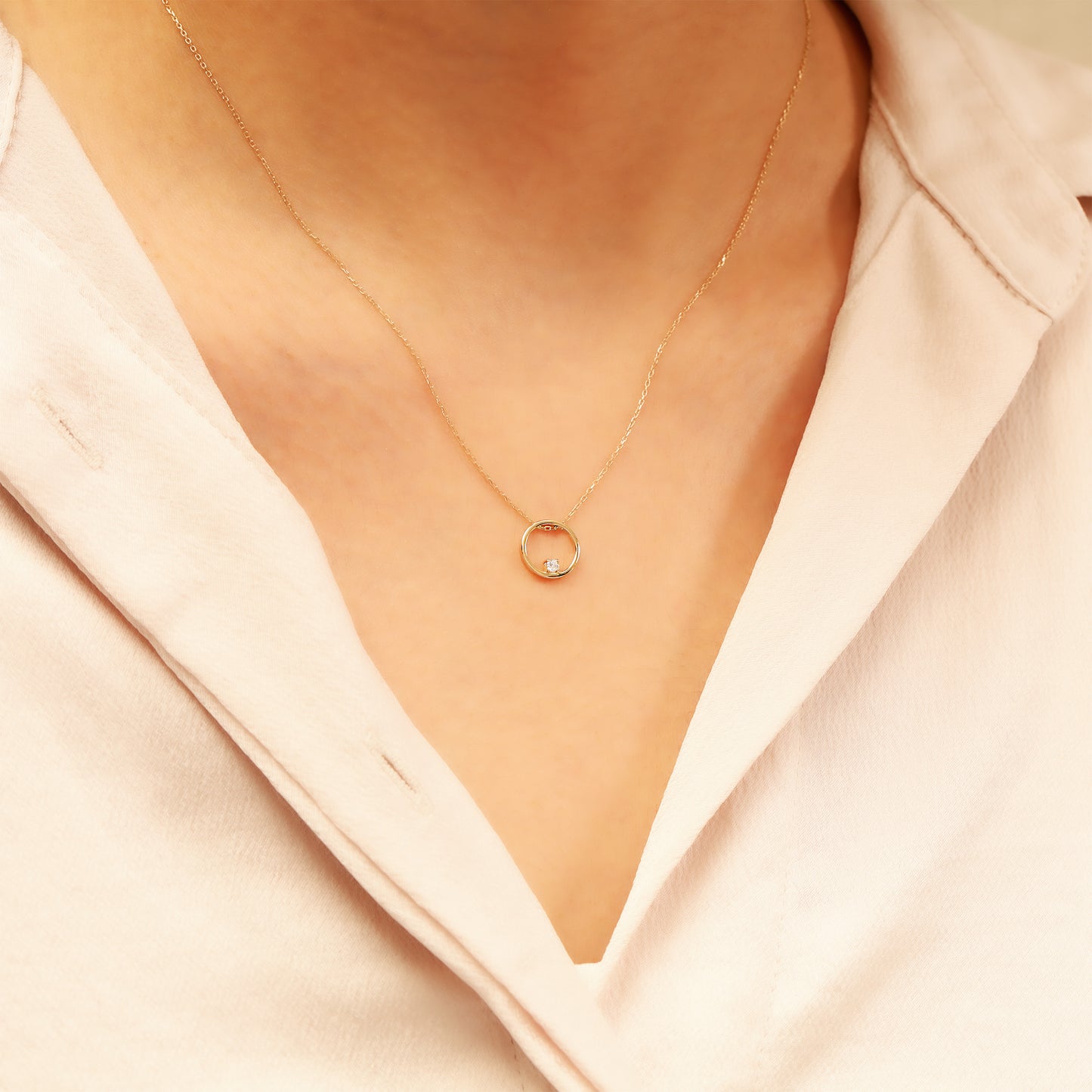 Gold Circle Necklace – 14K Solid Gold CZ Pendant