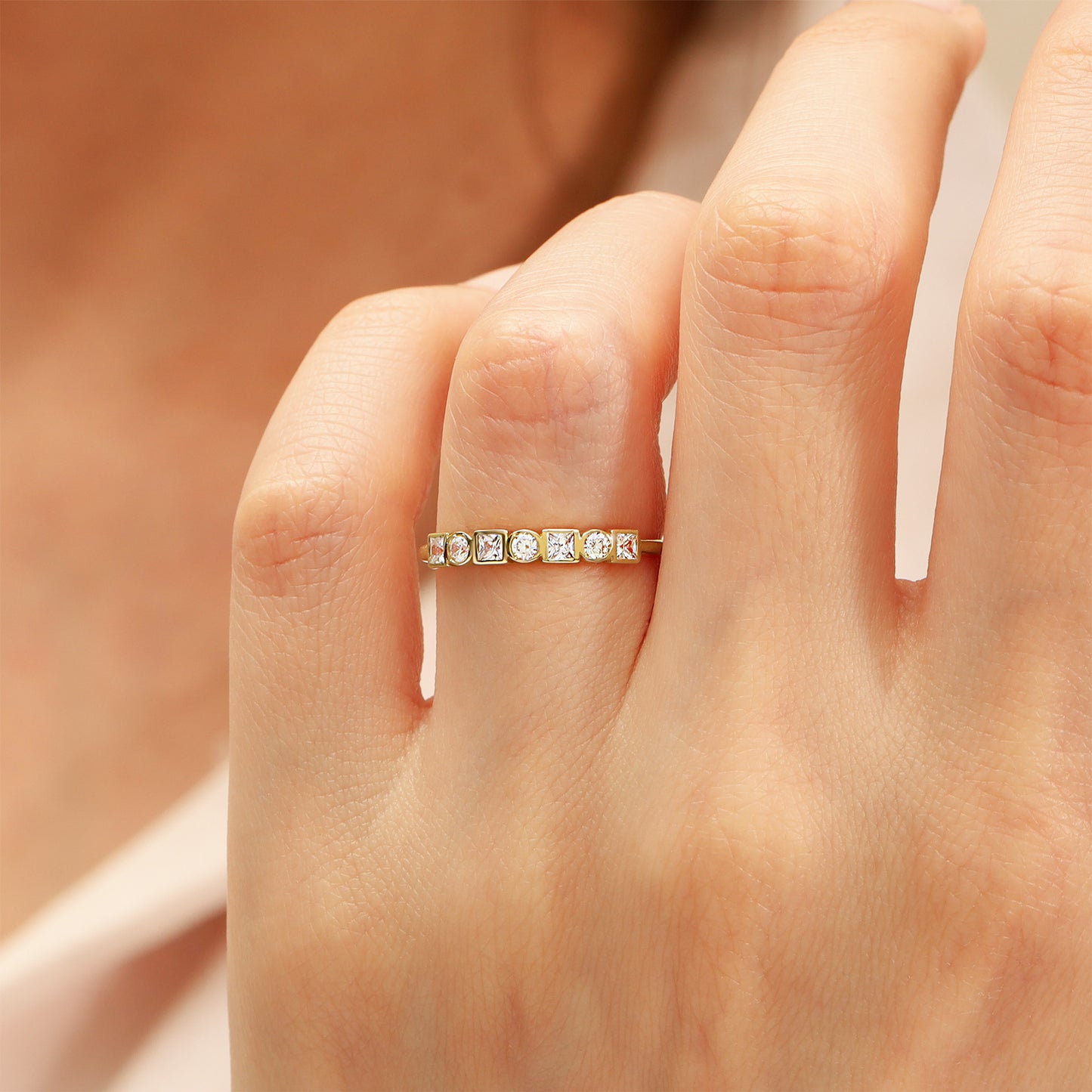 14K Round & Square Zircon Gold Band Ring