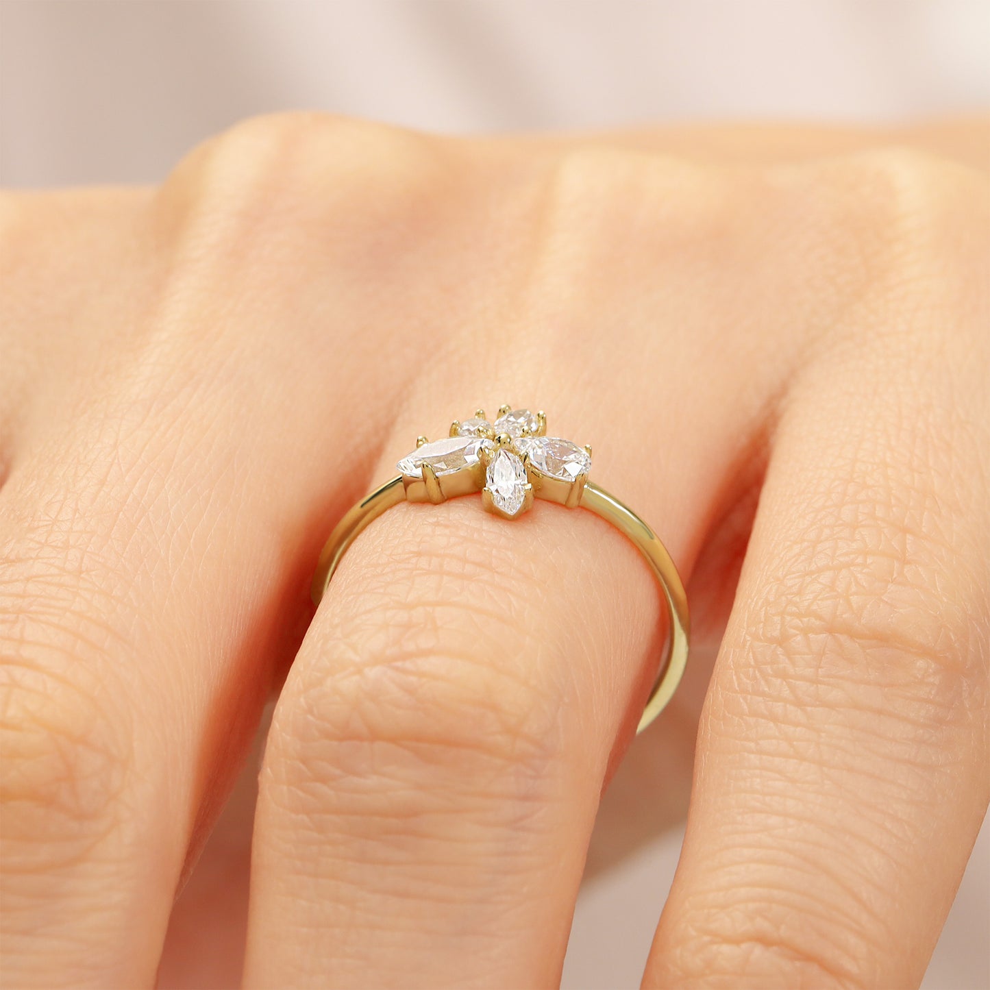 14K Gold Flower Ring – Dainty Marquise-CZ Cluster Band
