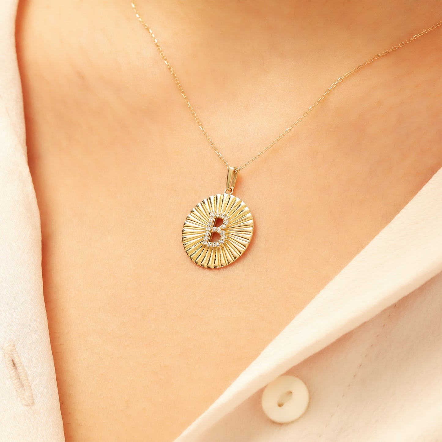 Gold Initial Necklace – 14K Sunburst Medallion Pendant