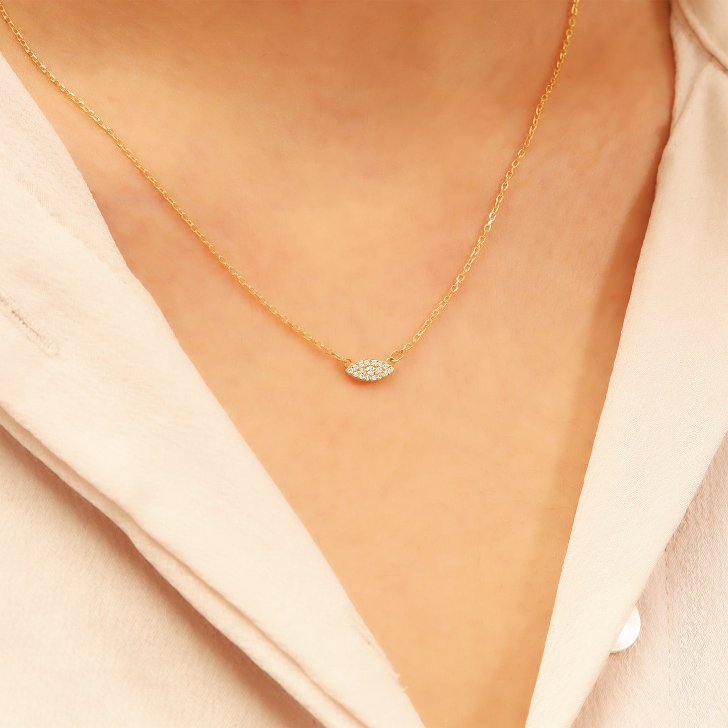 14k Gold Evil Eye Necklace – Dainty Pavé Charm