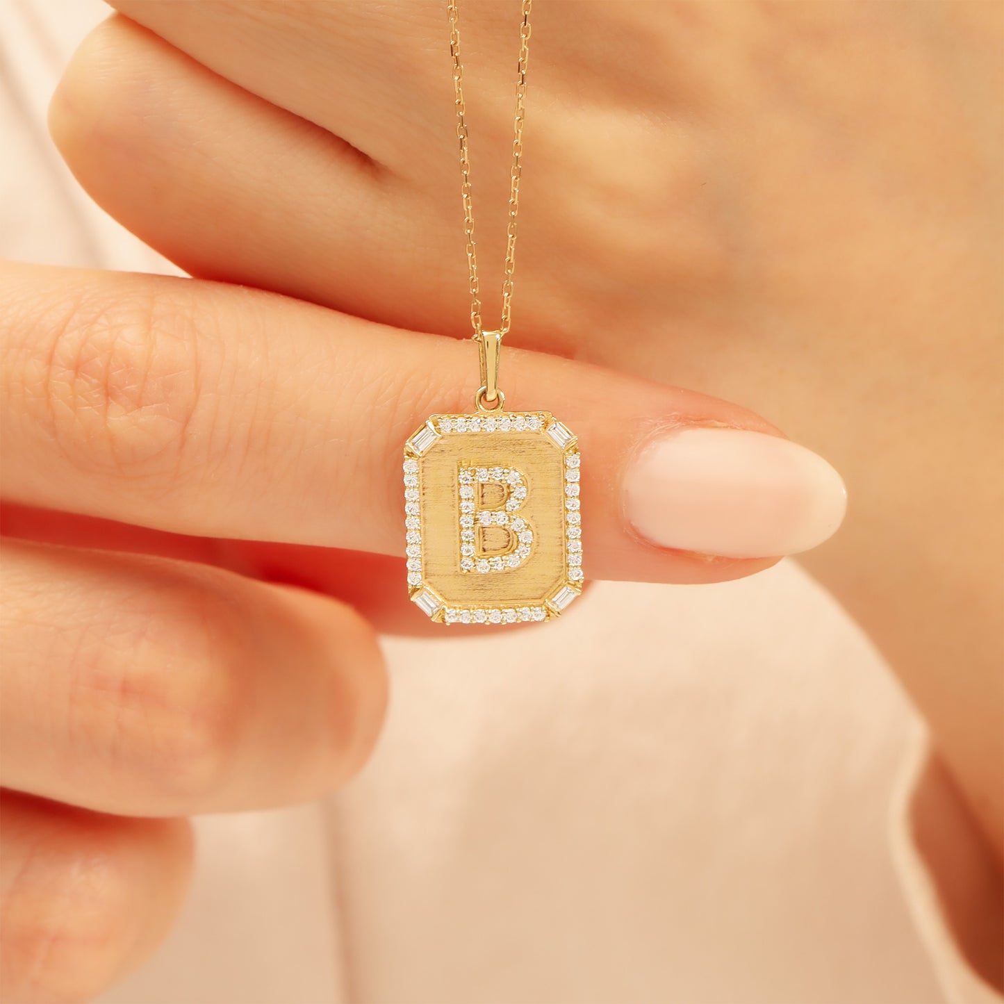 Gold Initial Pendant Necklace – 14K “B” Pavé CZ Frame