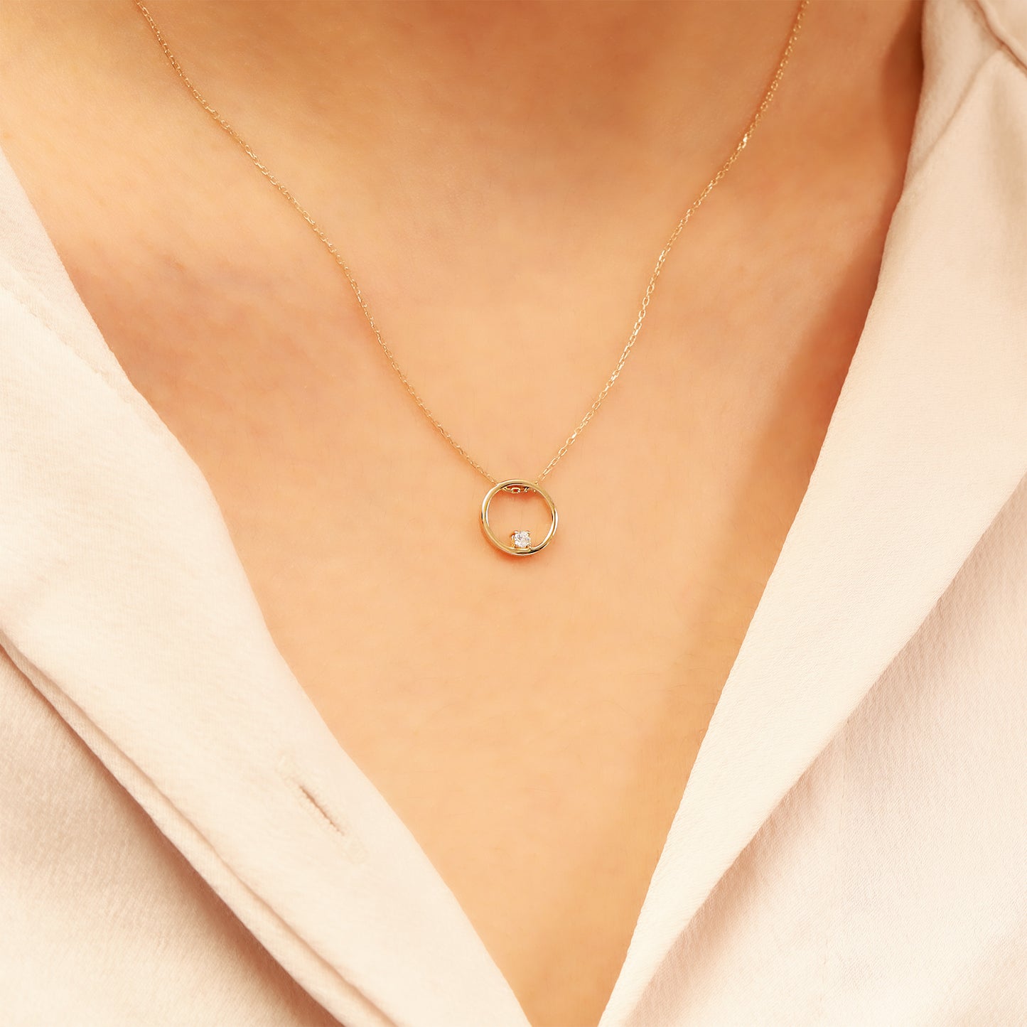 Gold Circle Necklace – 14K Solid Gold CZ Pendant