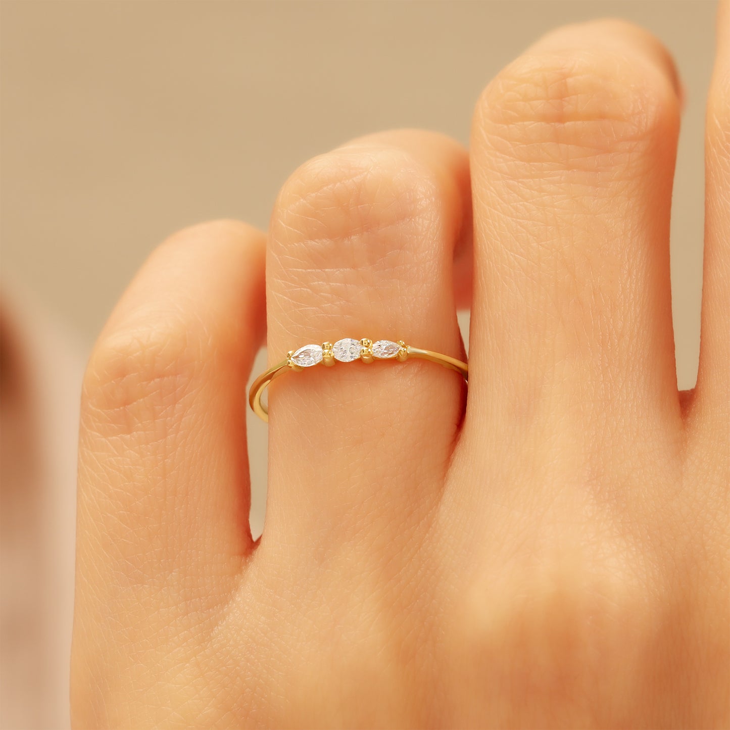 14K Gold Marquise Stacking Ring – Triple CZ Sparkle