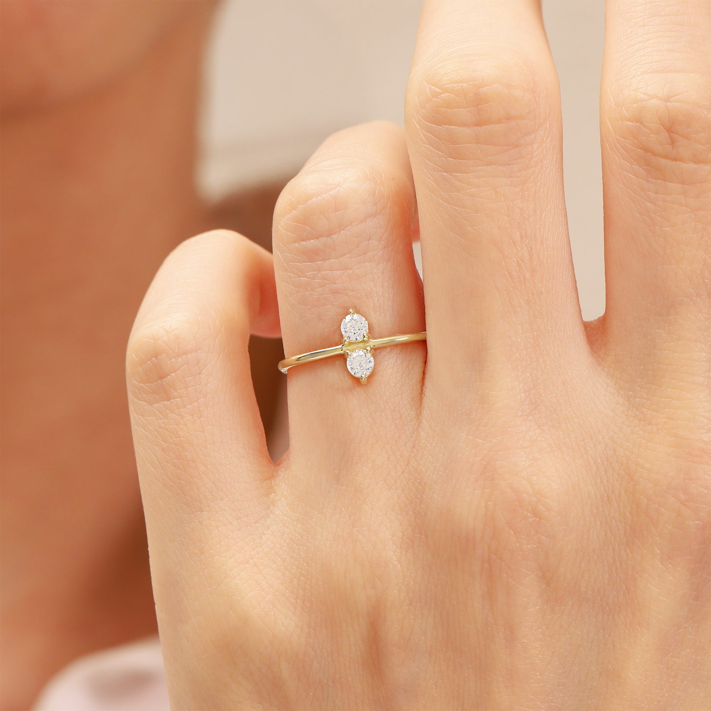14K Minimalist Double Zircon Stone Gold Ring