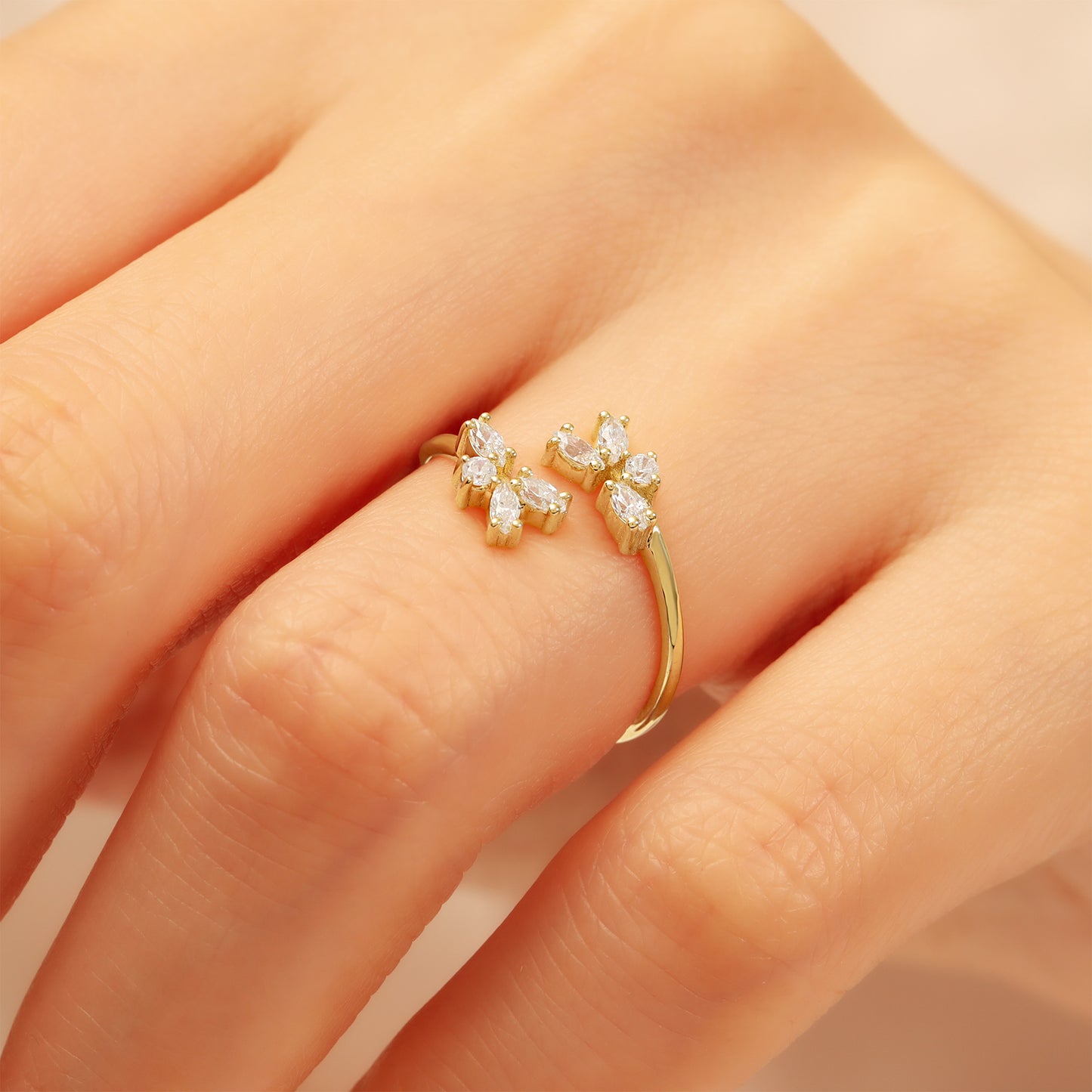 14K Gold Bypass Ring – Marquise CZ Flower Open Band