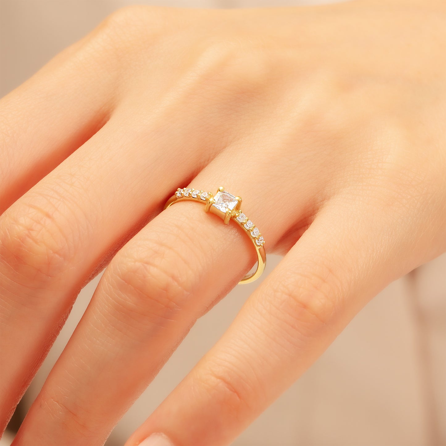 Princess-Cut Cubic Zirconia Engagement Ring in 14K Gold | Dainty 1.5 mm Band