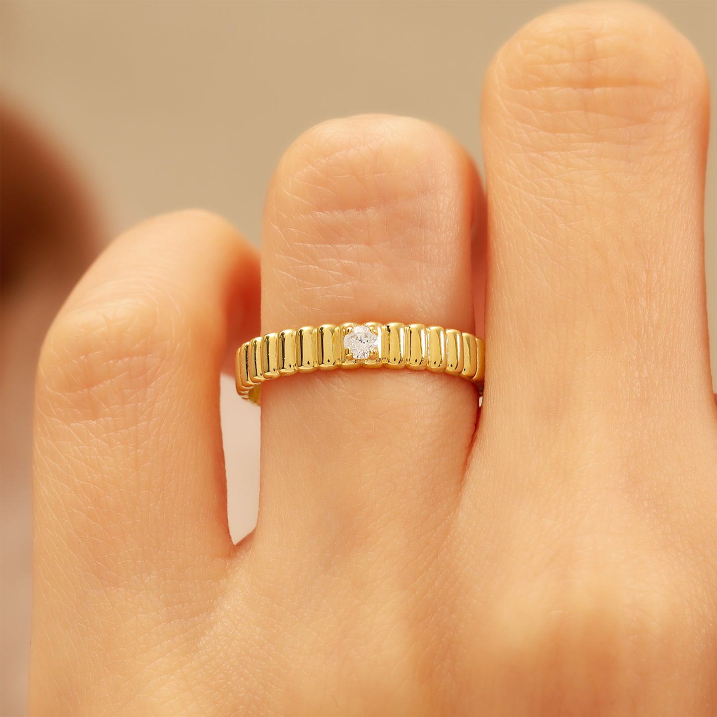 14K Textured Gold Band Ring with Center Stone