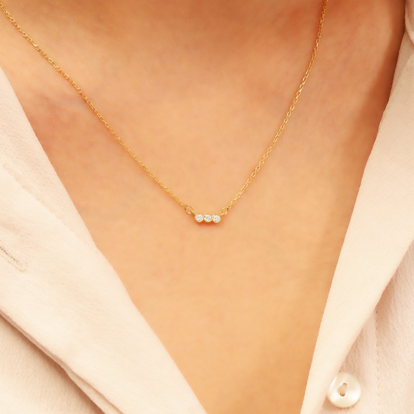 14k Gold Bar Necklace – Dainty 3-Stone CZ Sparkle
