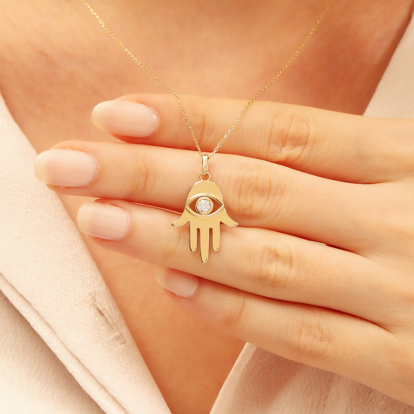 14K Gold Hamsa Necklace – Dainty CZ Pendant