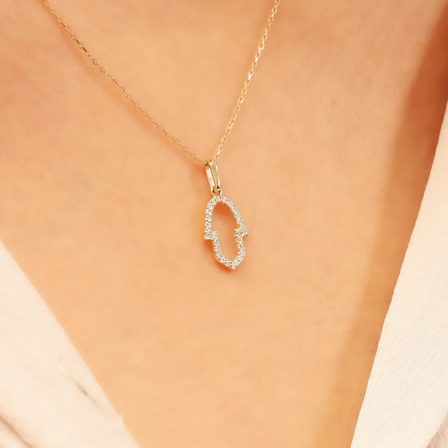 14K Gold Hamsa Necklace – Dainty CZ Outline Protection Pendant