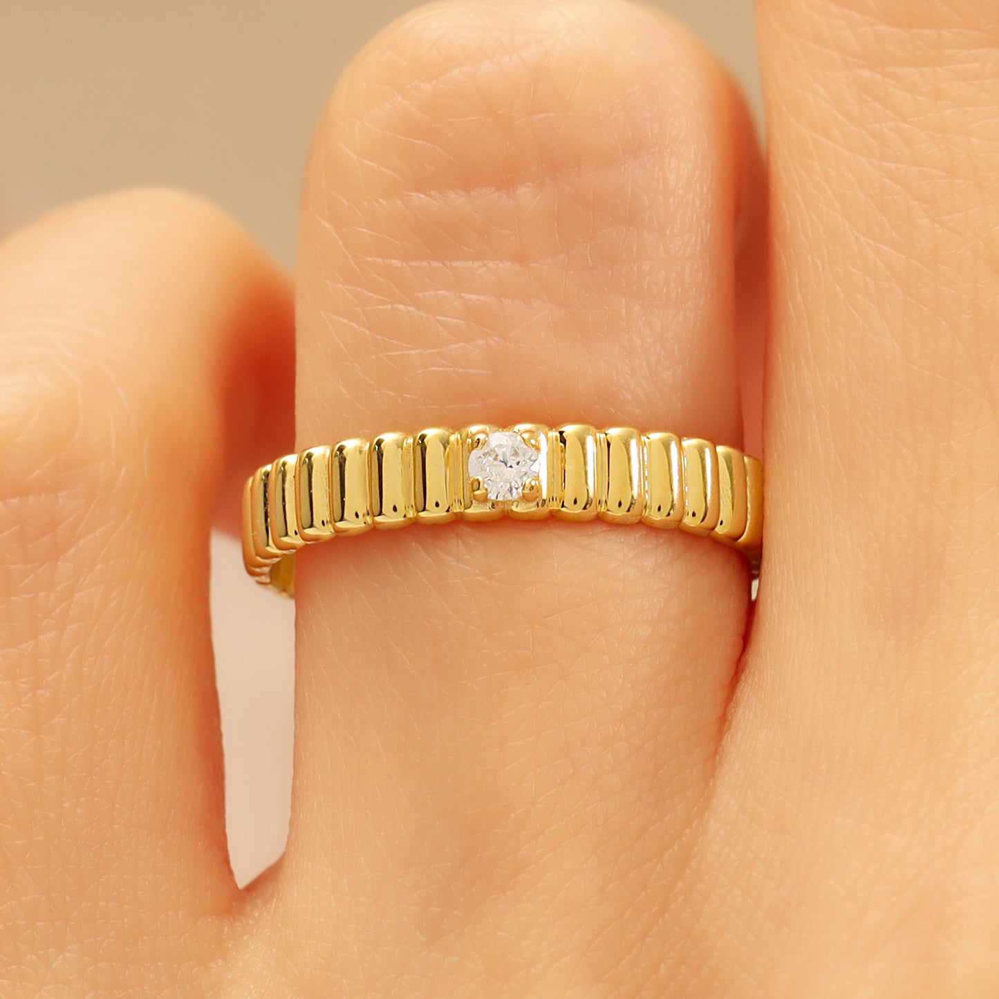 14K Textured Gold Band Ring with Center Stone