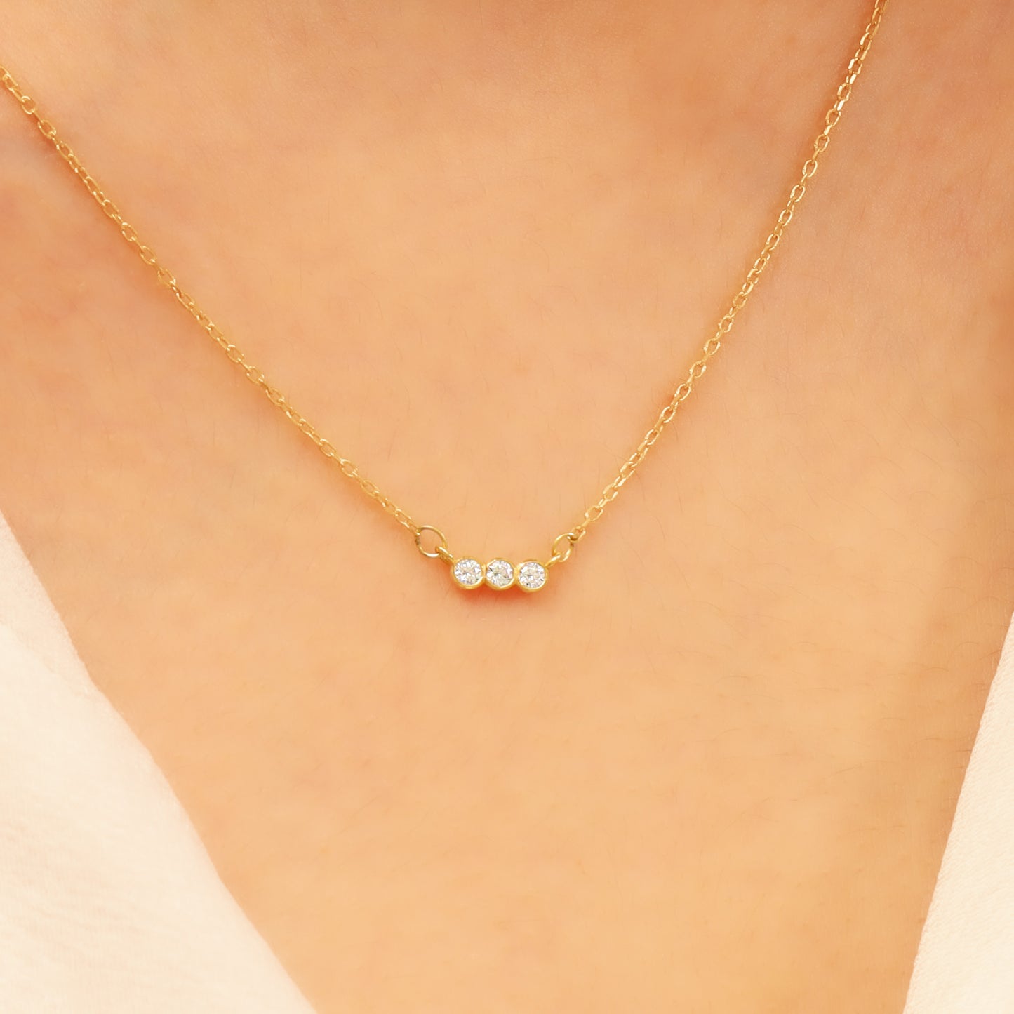14k Gold Bar Necklace – Dainty 3-Stone CZ Sparkle