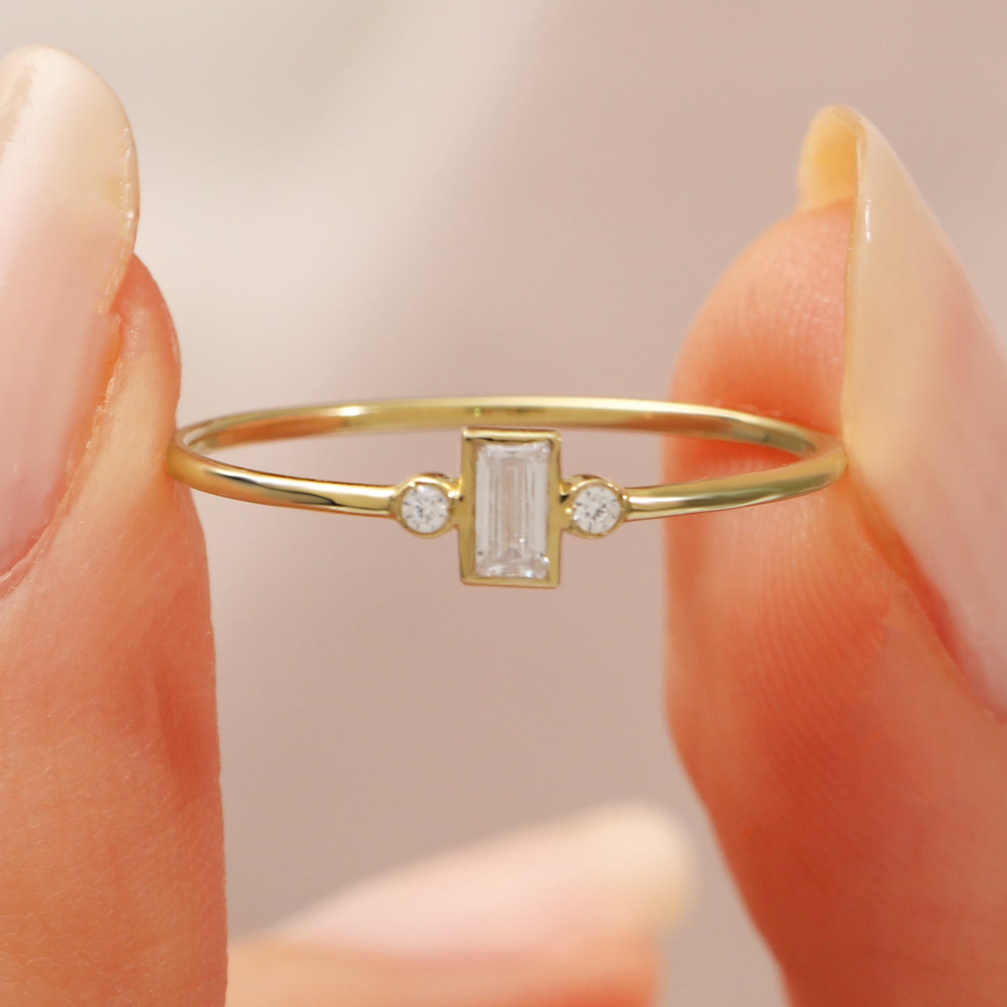 14K Minimalist Baguette Zircon Solid Gold Ring
