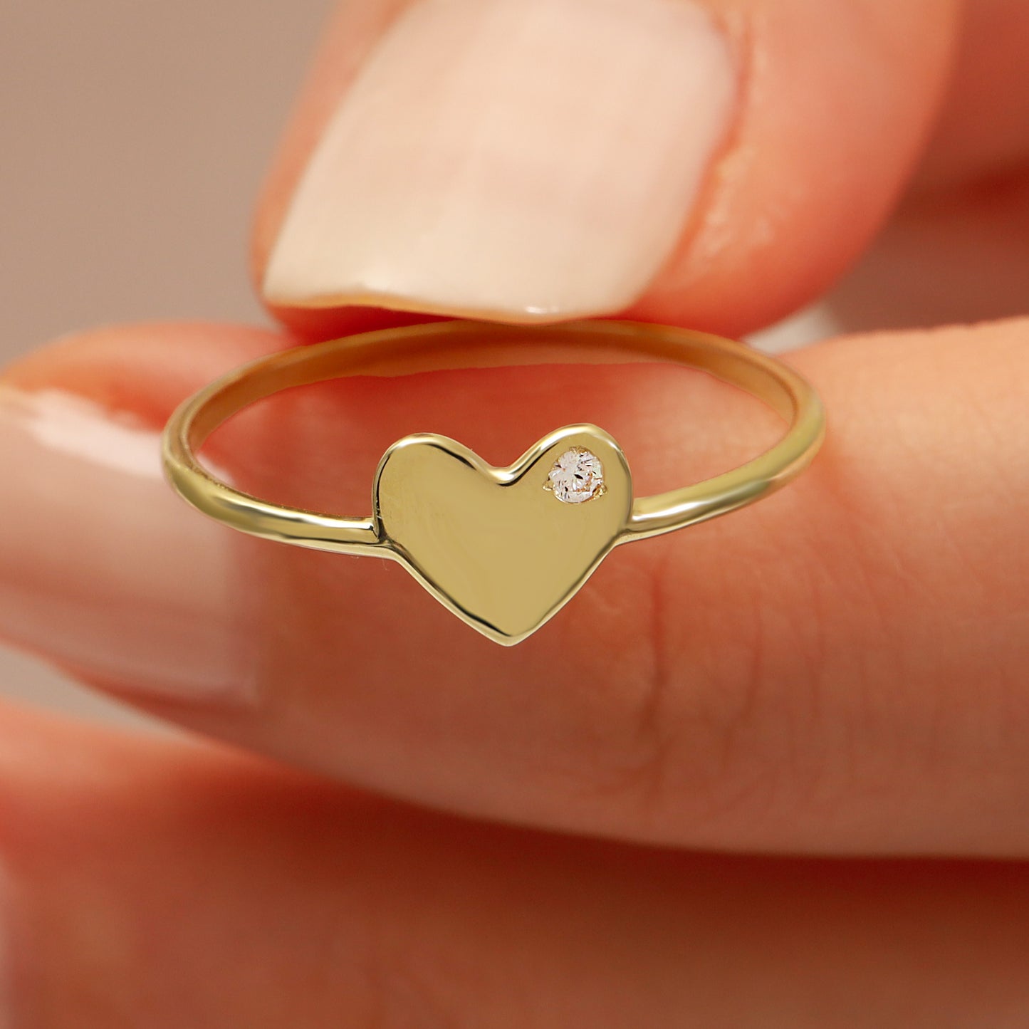 14K Gold Heart Ring With Tiny CZ – Ultra-Slim 1.2 mm Band