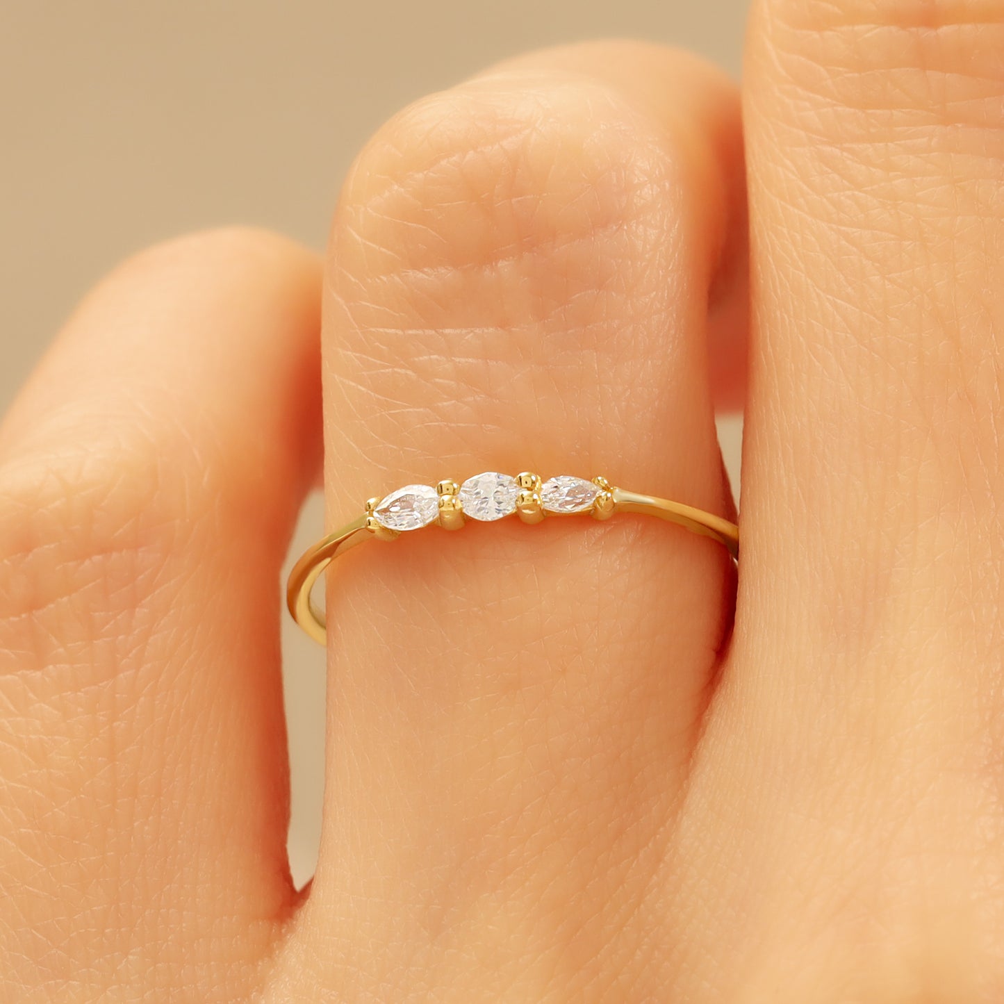14K Gold Marquise Stacking Ring – Triple CZ Sparkle