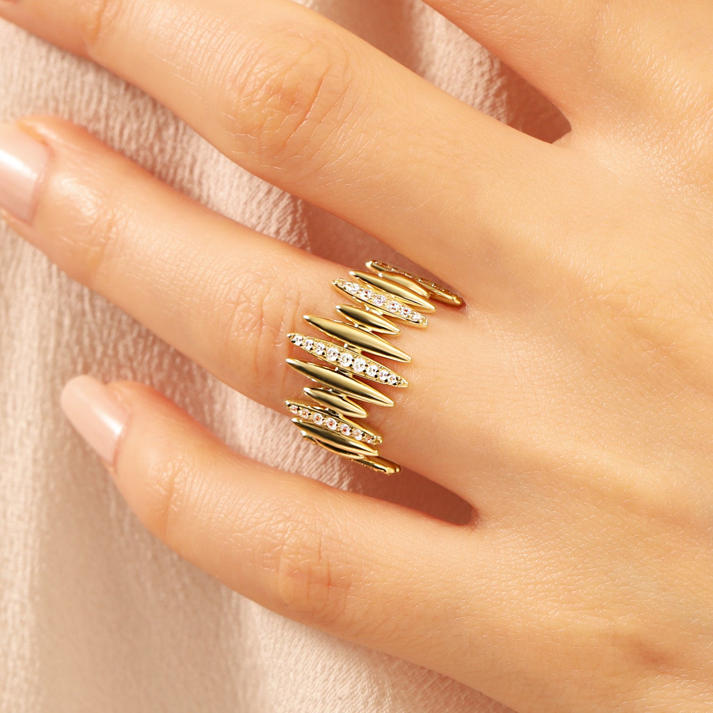 14K Gold Statement Ring – Wide Navette Band with CZ Sparkle