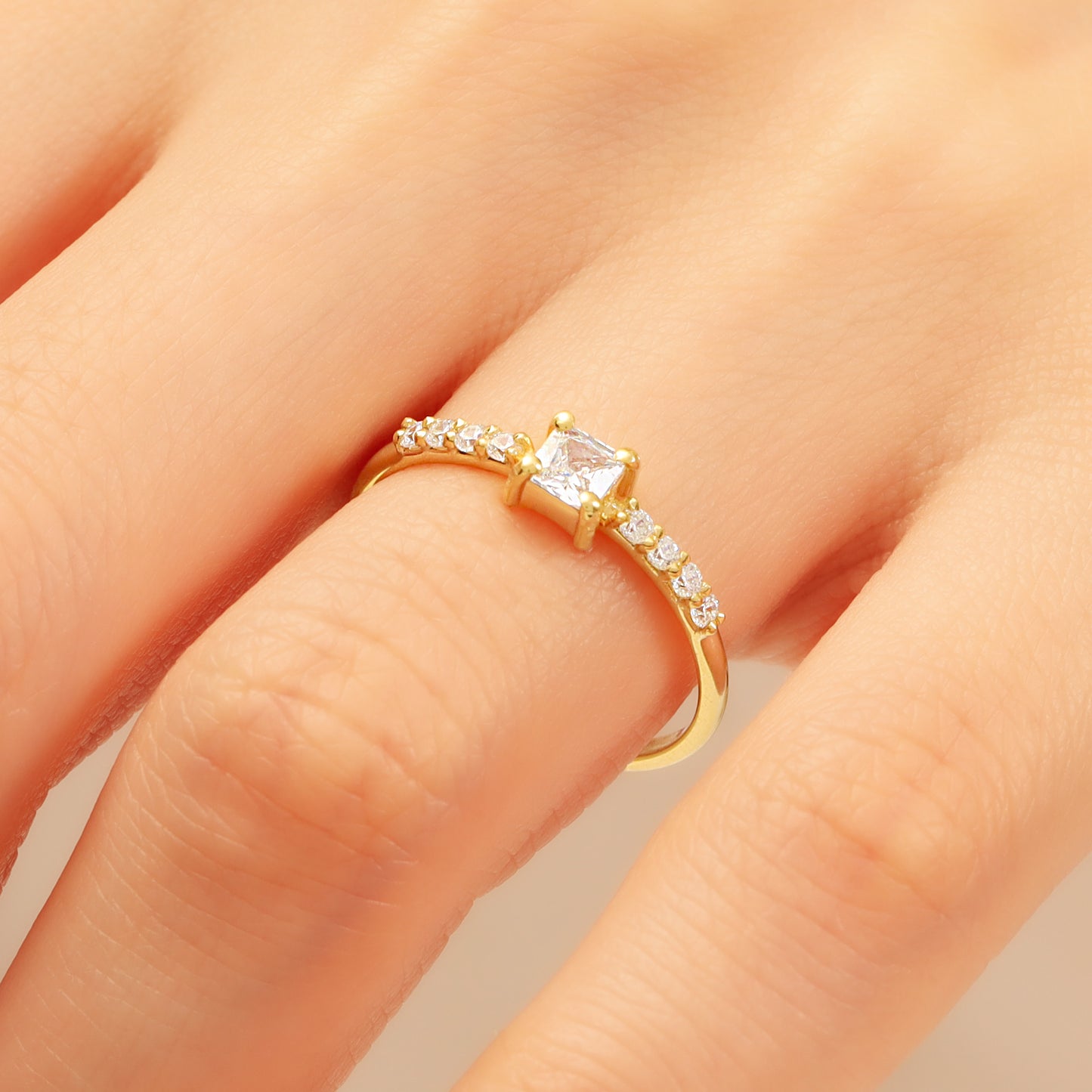 Princess-Cut Cubic Zirconia Engagement Ring in 14K Gold | Dainty 1.5 mm Band