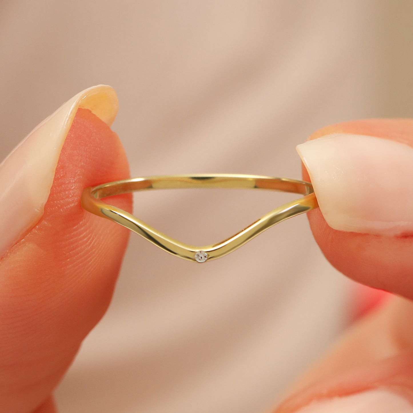 14K Solid Gold Wave Ring with Zircon