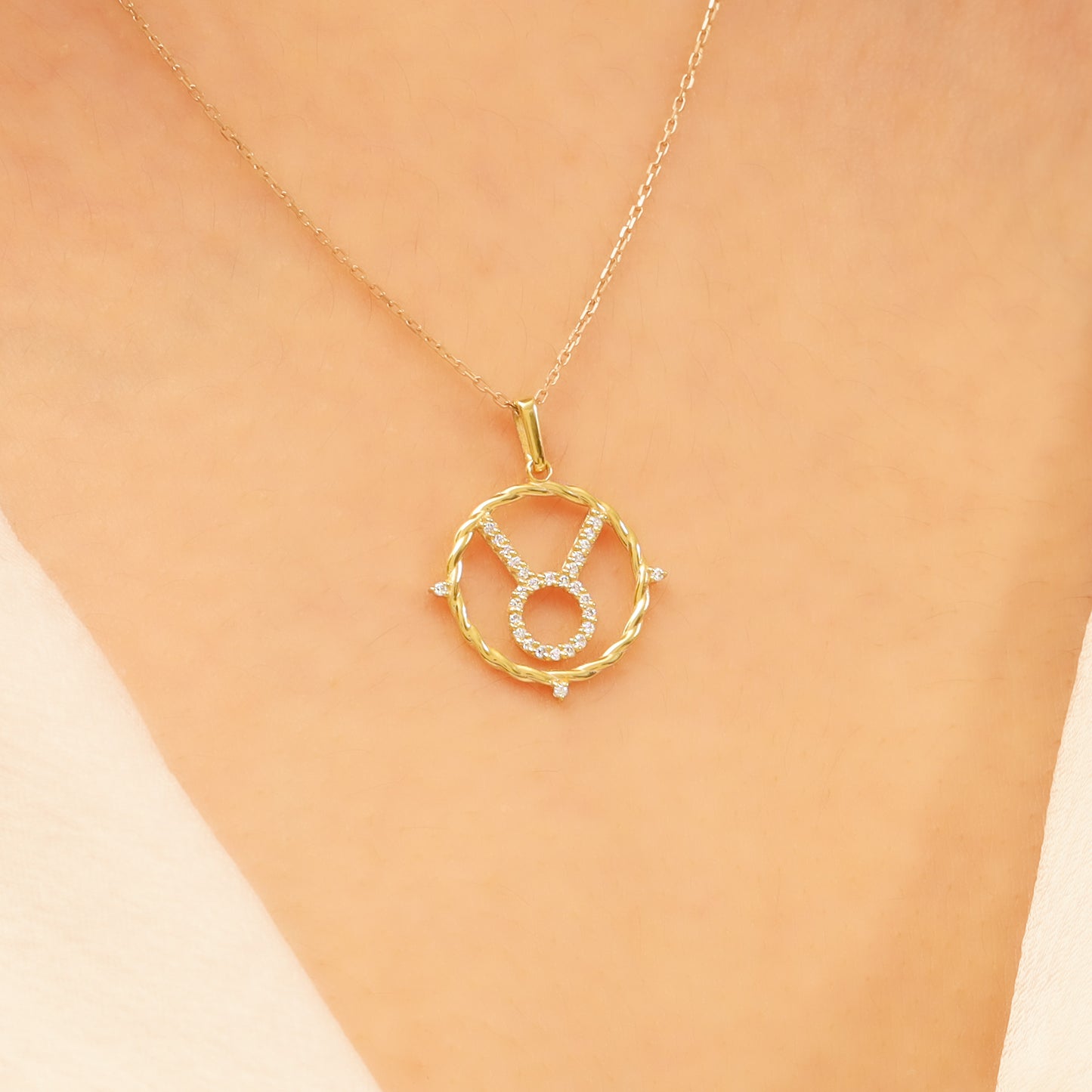 14k Gold Taurus Necklace – CZ Zodiac Pendant, Adjustable Chain