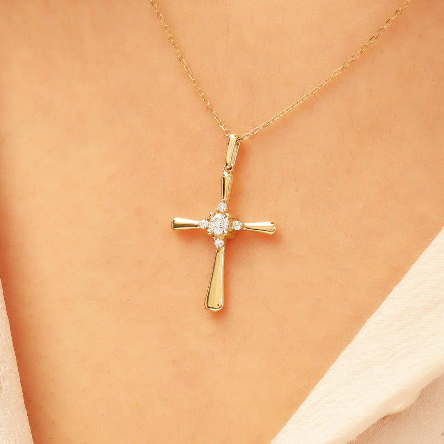 14k Gold Cross Necklace – Dainty CZ Faith Pendant