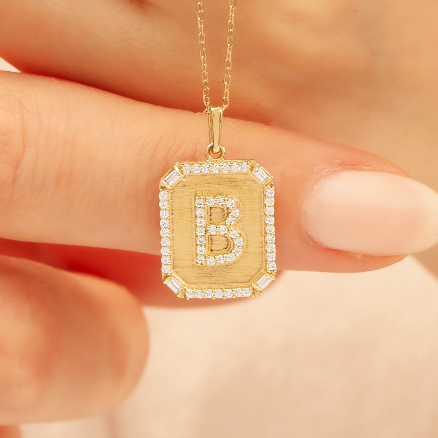 Gold Initial Pendant Necklace – 14K “B” Pavé CZ Frame