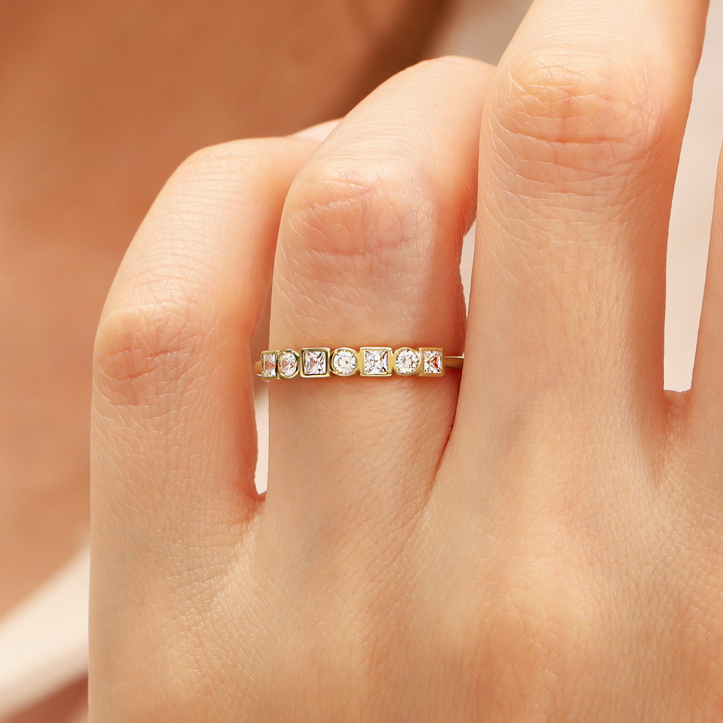 14K Round & Square Zircon Gold Band Ring