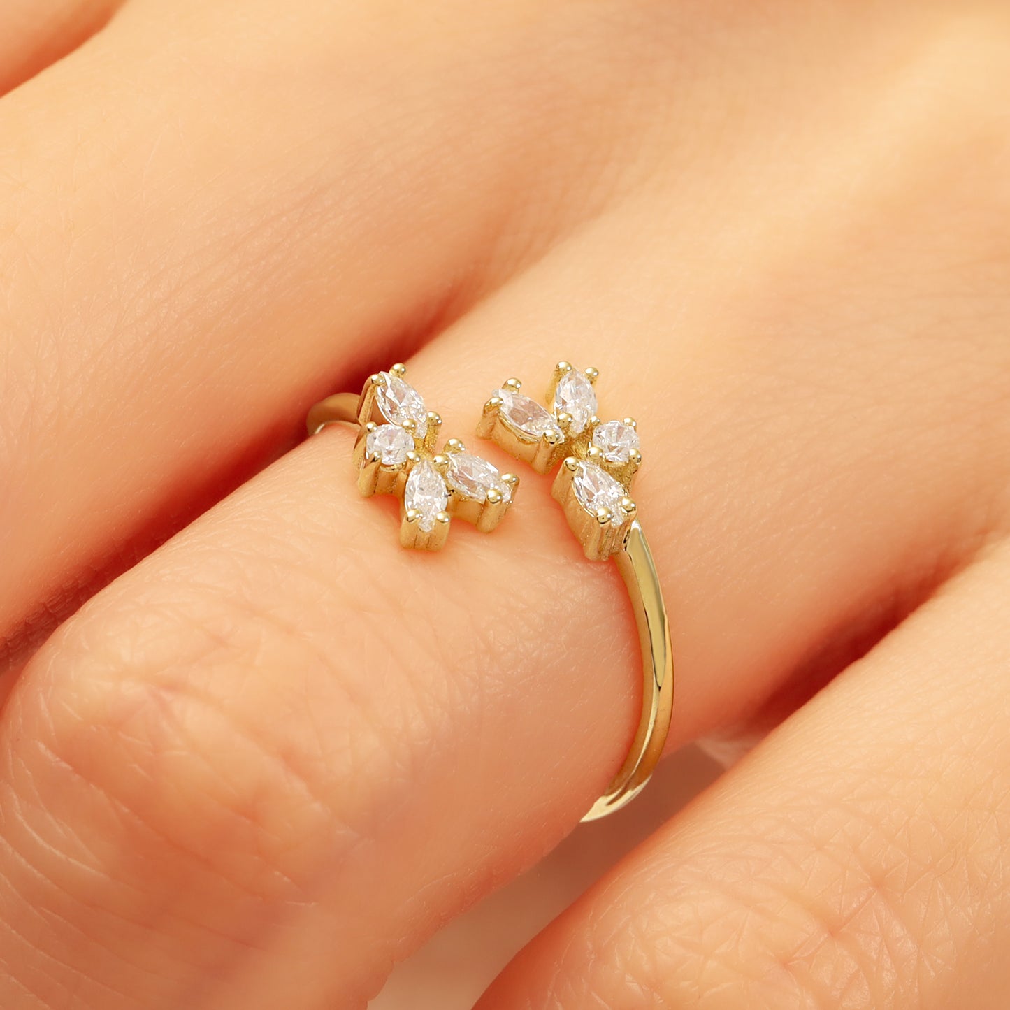 14K Gold Bypass Ring – Marquise CZ Flower Open Band