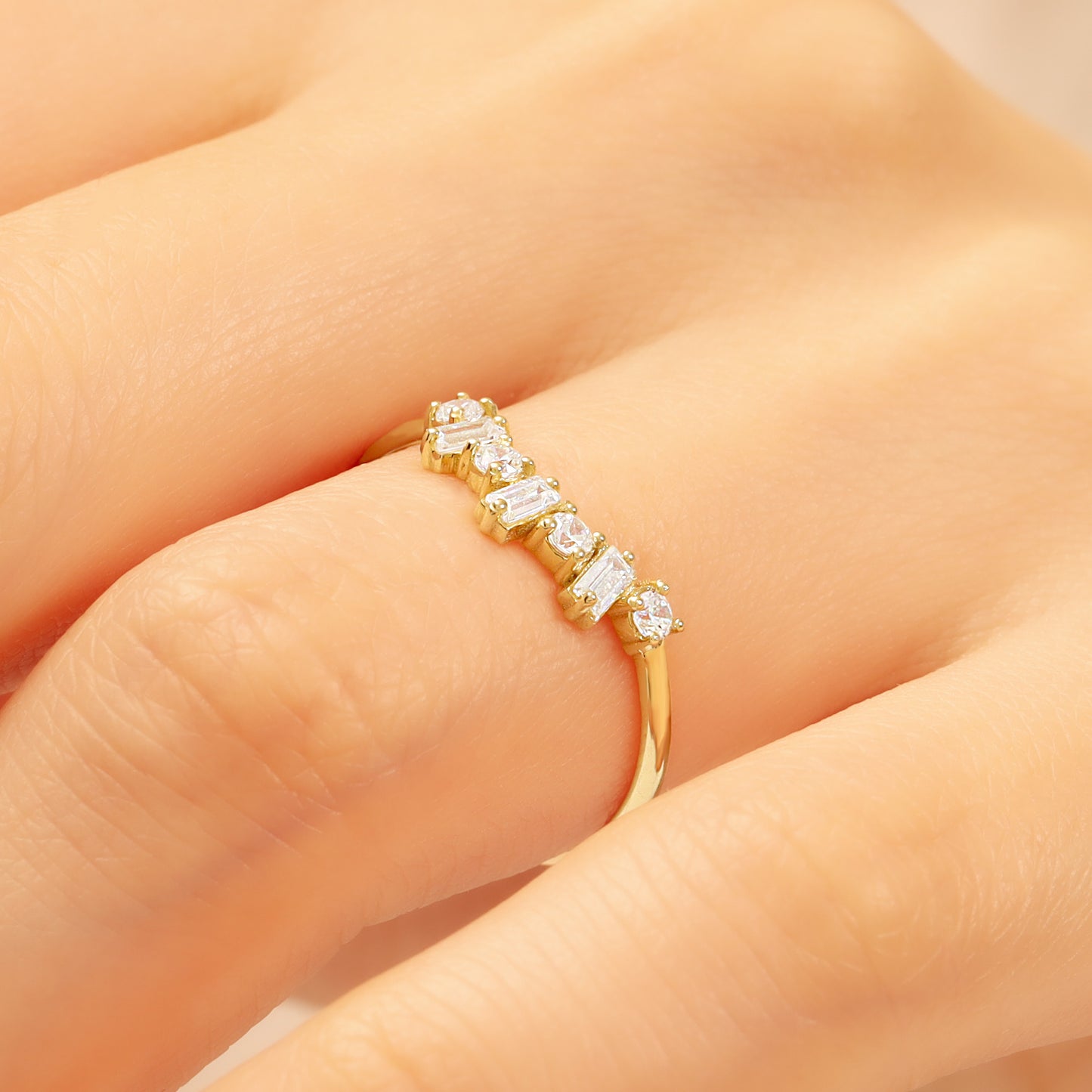Baguette & Round Zircon 14K Gold Ring