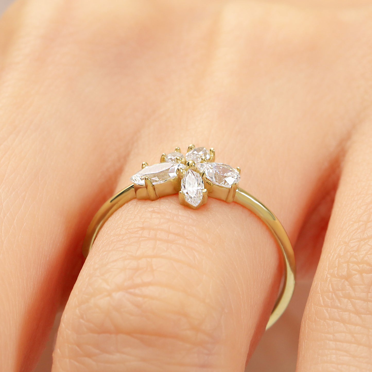 14K Gold Flower Ring – Dainty Marquise-CZ Cluster Band