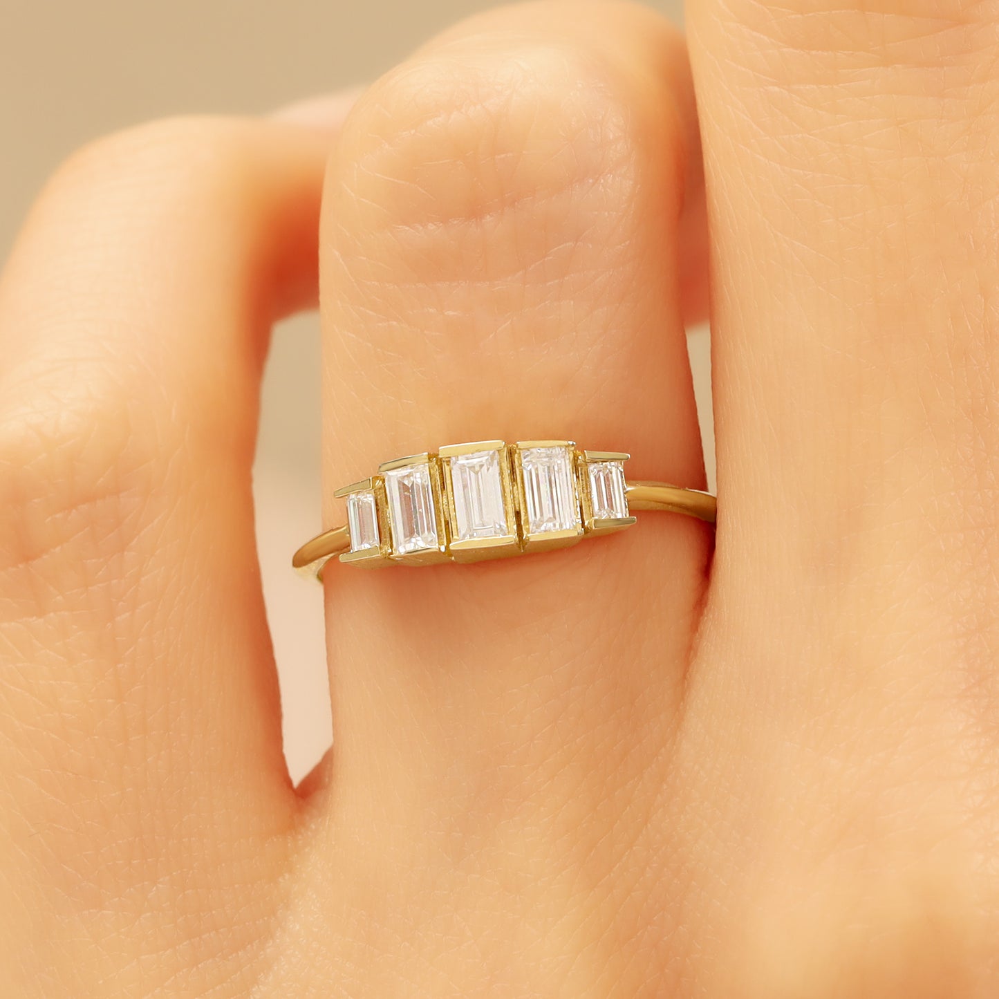14K Baguette Zircon Solid Gold Stacking Ring