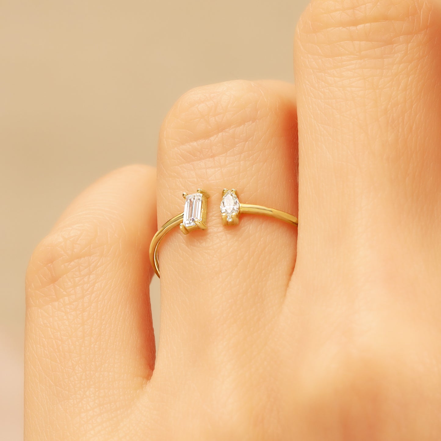 14K Solid Gold Ring with Baguette and Marquise Zircon