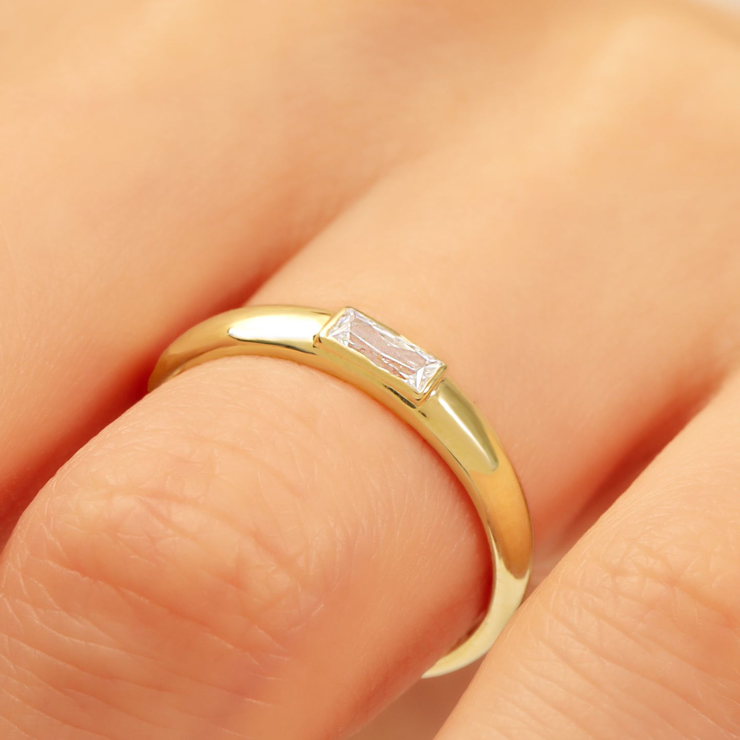 Baguette Solitaire CZ Ring in 14K Gold – Dainty Art-Deco Sparkle