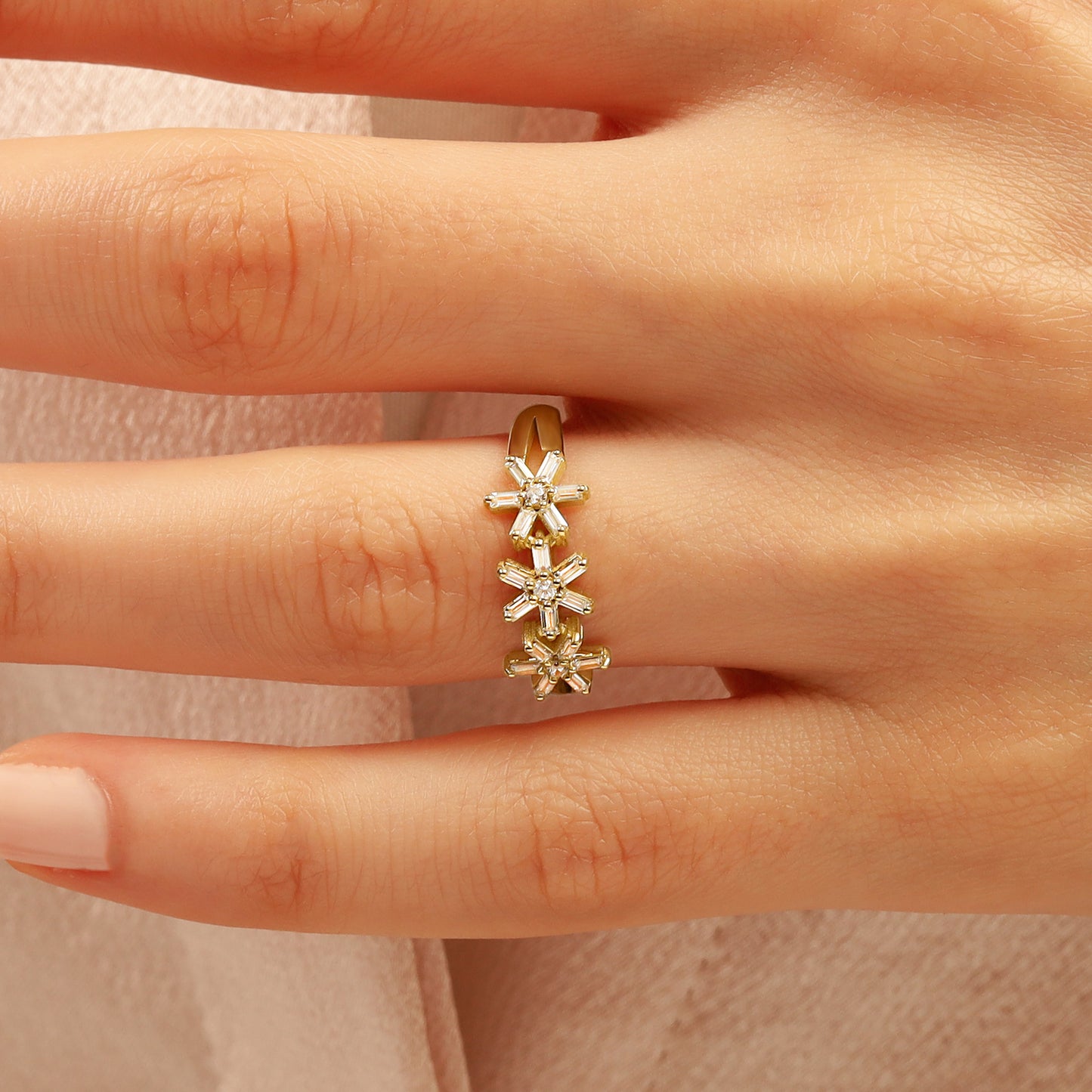 14K Floral Gold Ring with Baguette Zircon