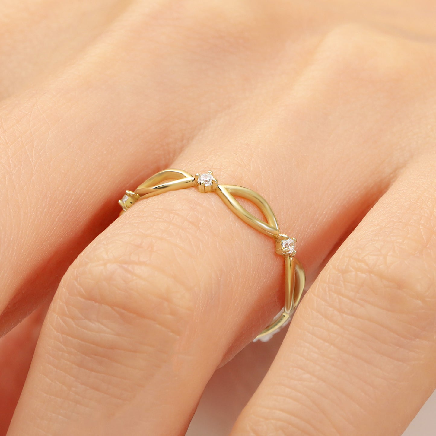 14K Dainty Infinity Solid Gold Ring with Zircon