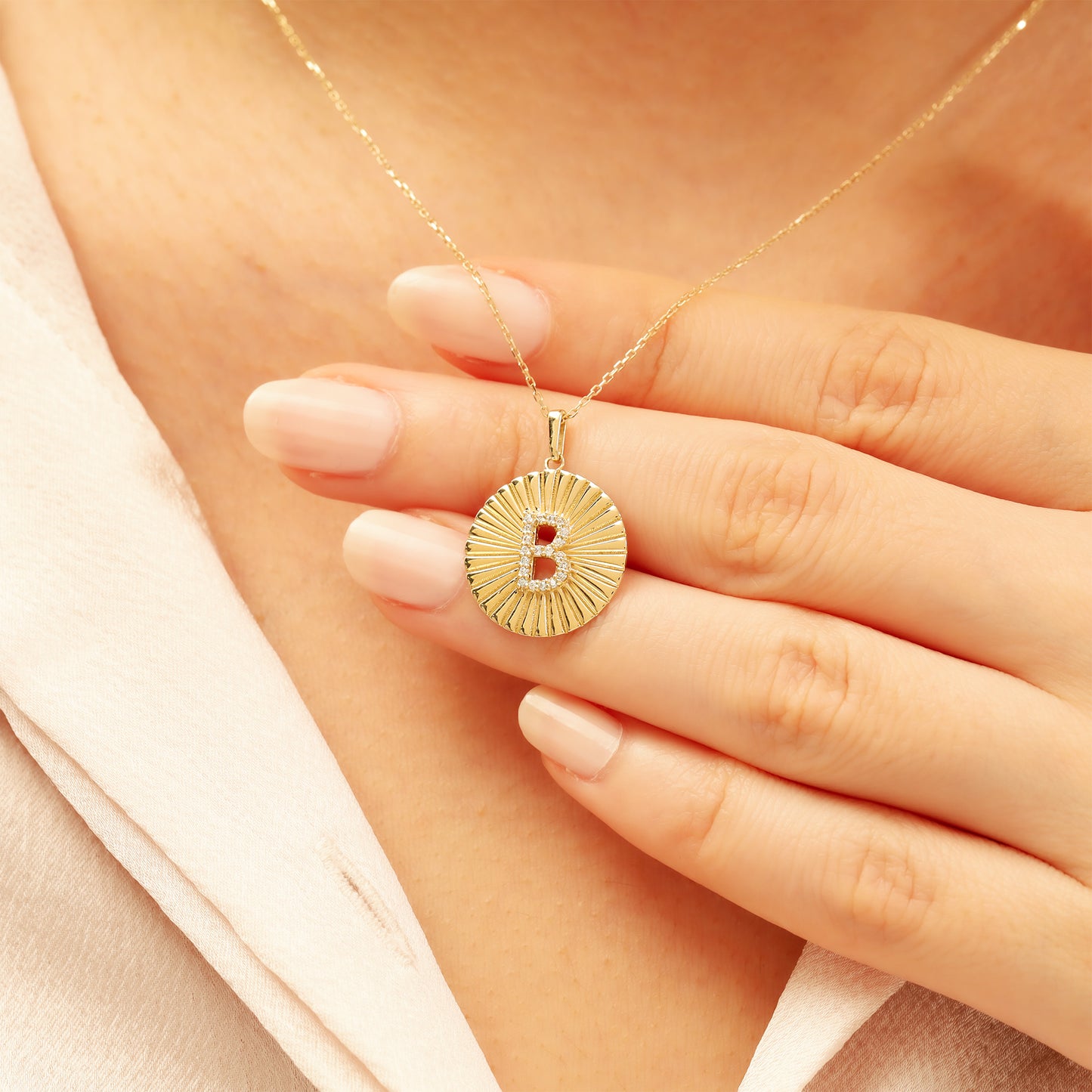 Gold Initial Necklace – 14K Sunburst Medallion Pendant