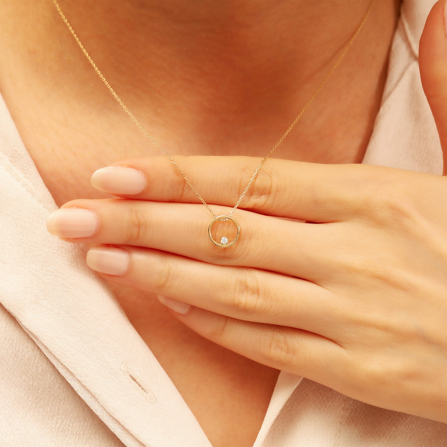 Gold Circle Necklace – 14K Solid Gold CZ Pendant
