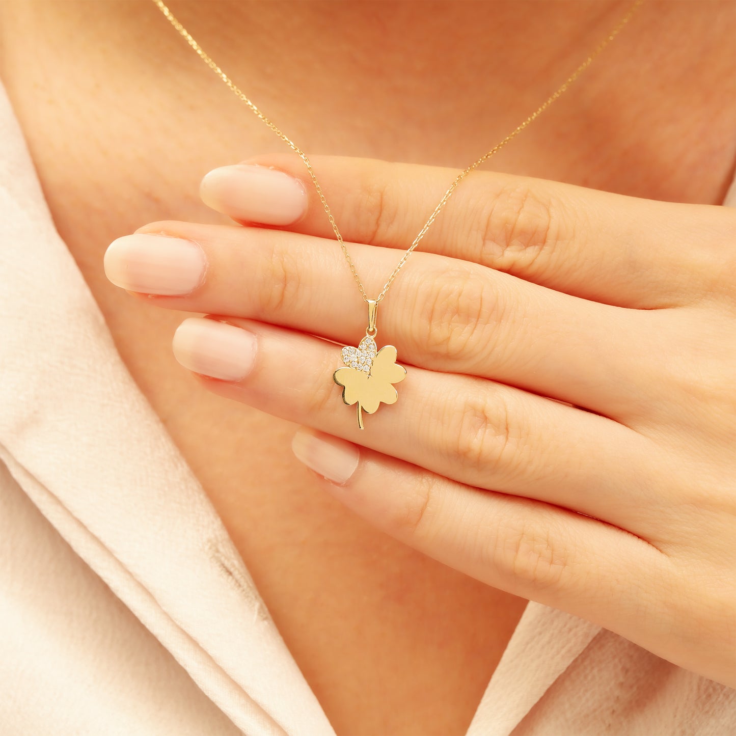 14K Gold Clover Necklace – Lucky CZ Pendant, Adjustable Chain
