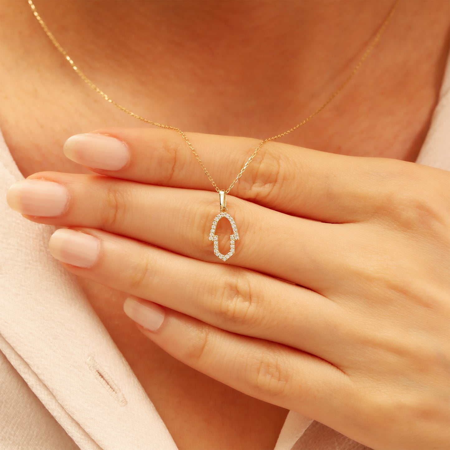 14K Gold Hamsa Necklace – Dainty CZ Outline Protection Pendant