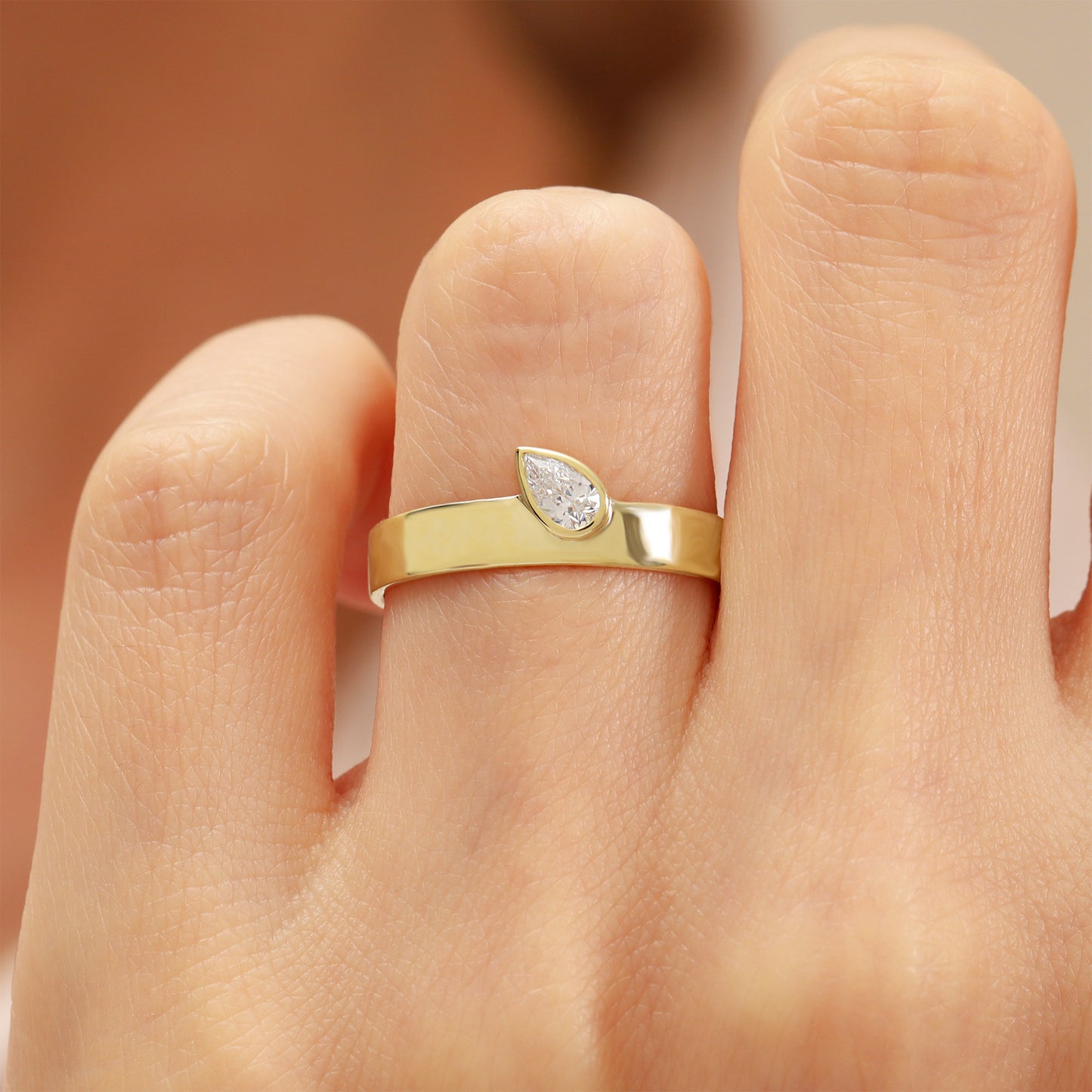 Pear Bezel CZ Ring in 14K Gold – 3.6 mm Flat Band