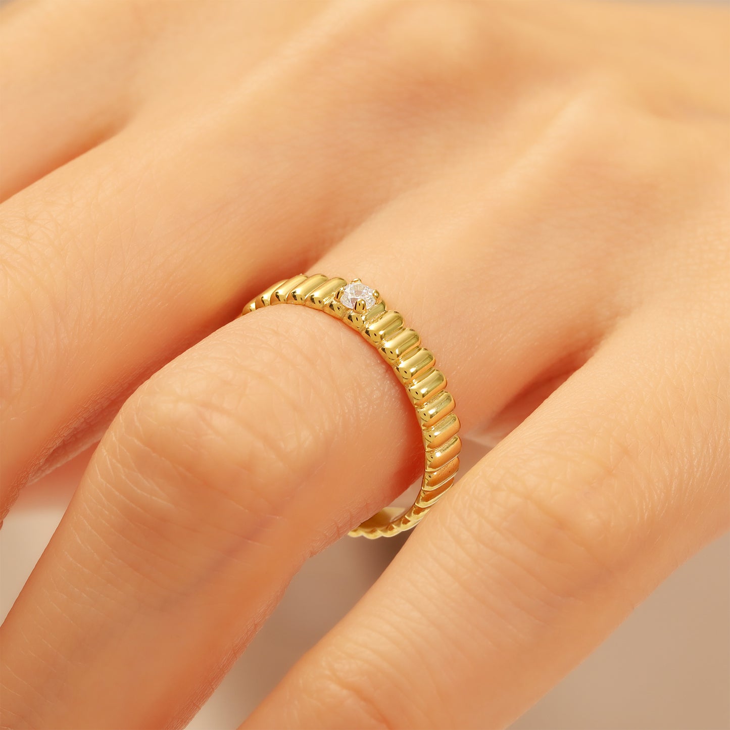 14K Textured Gold Band Ring with Center Stone