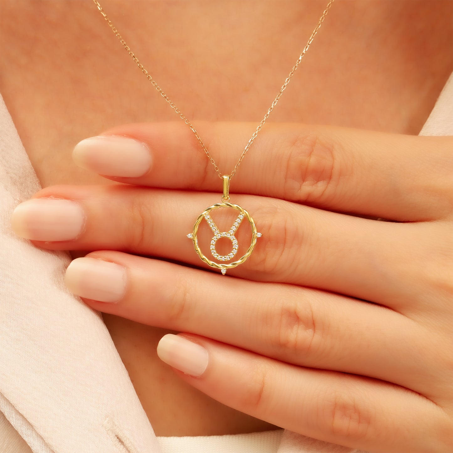 14k Gold Taurus Necklace – CZ Zodiac Pendant, Adjustable Chain