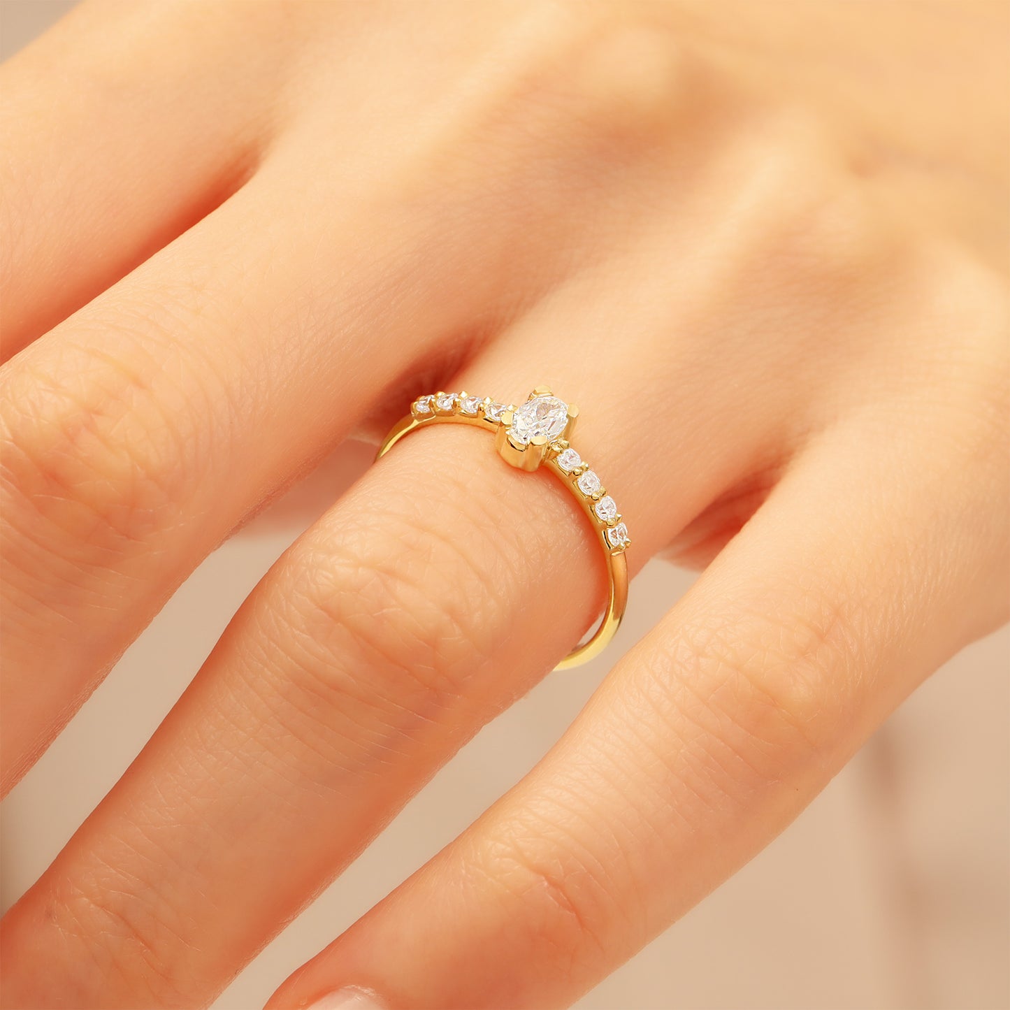 Oval CZ Engagement Ring 14K Gold | Slim 1.5 mm Band