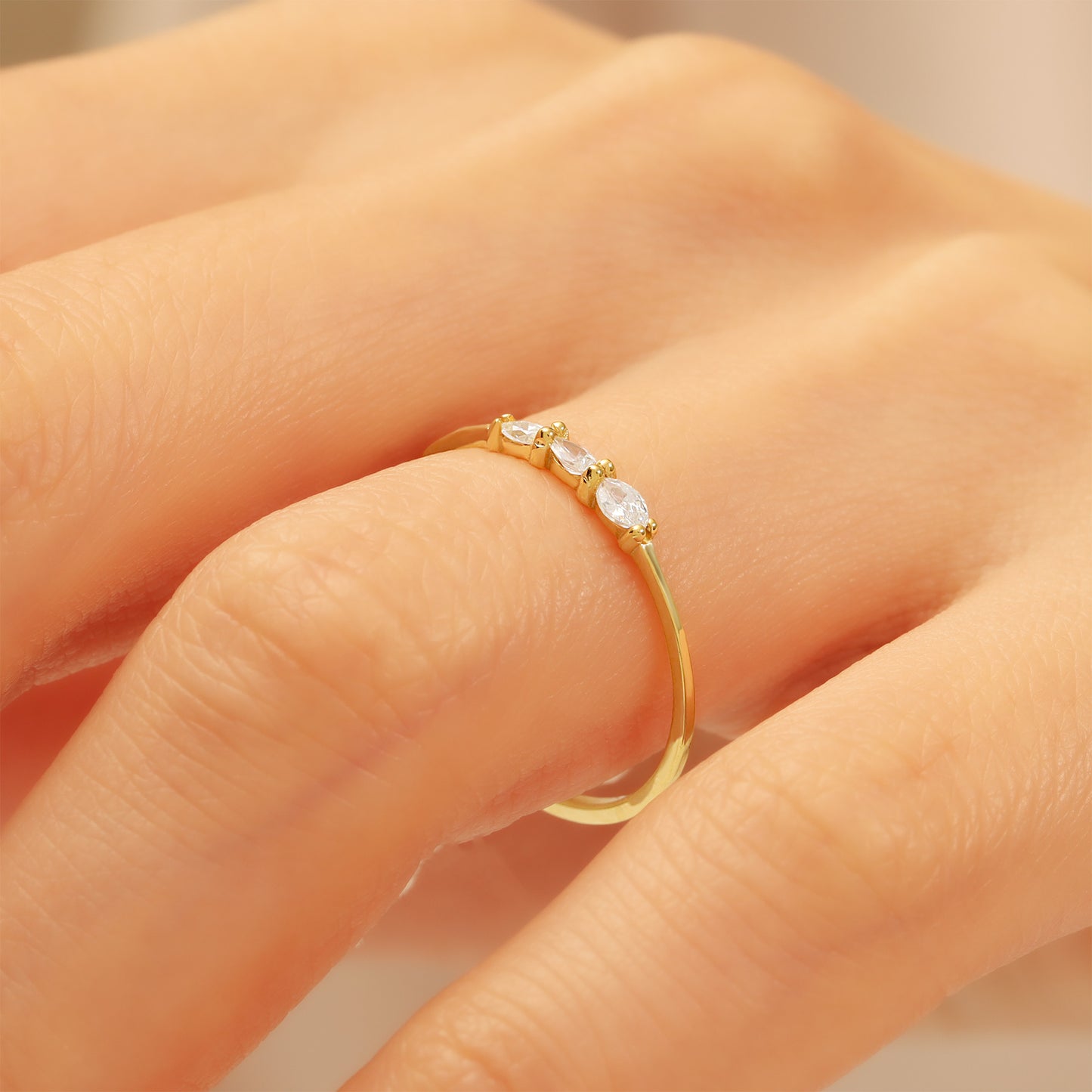 14K Gold Marquise Stacking Ring – Triple CZ Sparkle