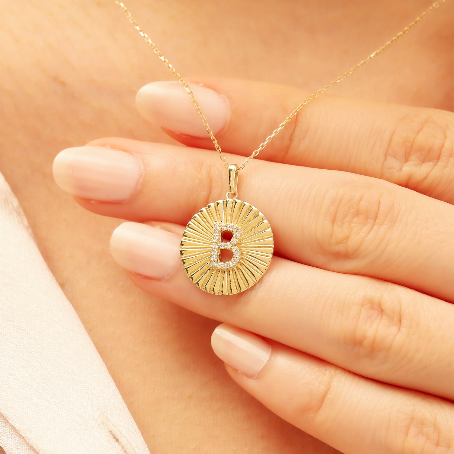 Gold Initial Necklace – 14K Sunburst Medallion Pendant