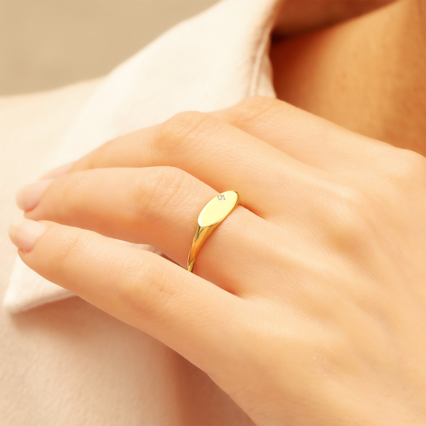 14K Minimalist Signet Ring with Tiny Zircon