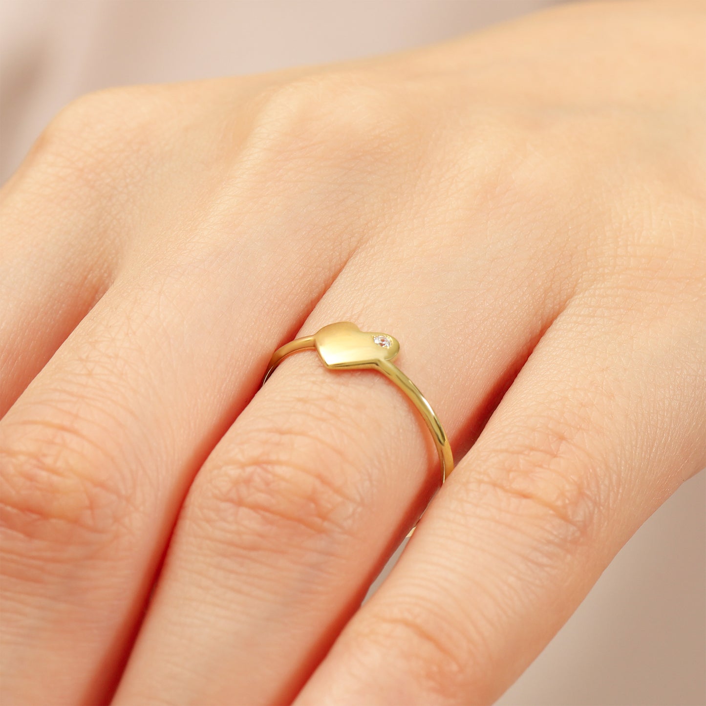 14K Gold Heart Ring With Tiny CZ – Ultra-Slim 1.2 mm Band