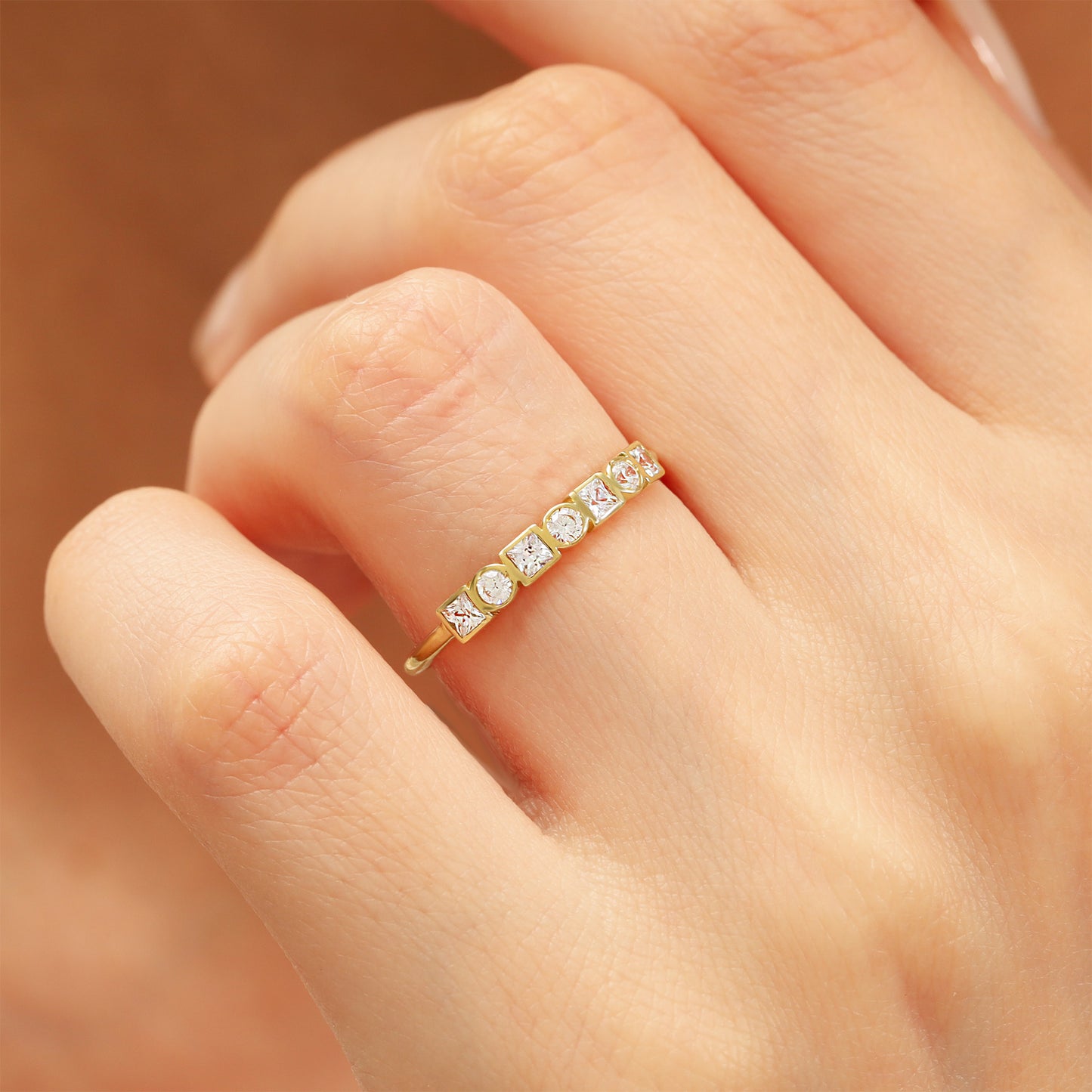 14K Round & Square Zircon Gold Band Ring