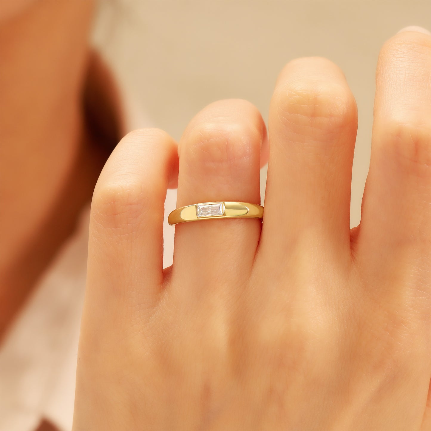 Baguette Solitaire CZ Ring in 14K Gold – Dainty Art-Deco Sparkle